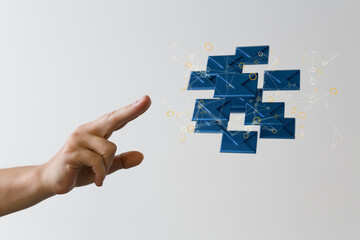  touching 3D rendering flying email icon with his fin