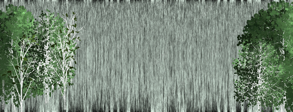 Poster birch trees with green foliage are set against a colorful striped background. in the center of the b