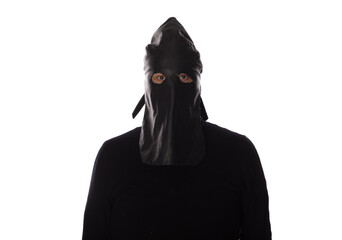 man in executioner mask isolated on white background