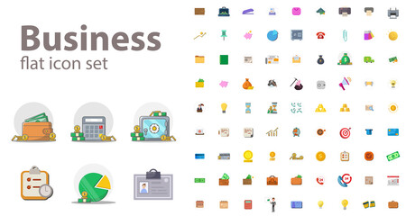 business finances flat icon set with money, bank, chart. office