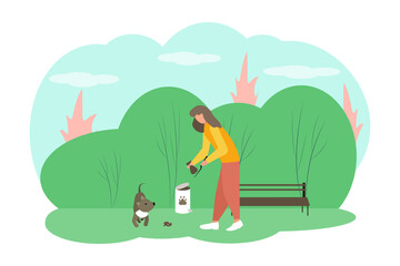Pets on Street. Men or Women Characters Using Polyethylene Package to Pick Up Excrements and Throw to Litter Bin, Responsibility. Linear People Vector Illustration