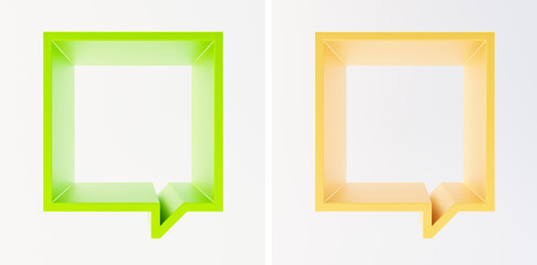 Set of scene with yellow green and golden yellow square empty frame-podium or shelf. Shapes looks like a quote bubble. Mock up design for showcase, display case, shopfront. Natural color. 3d render.