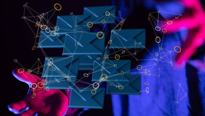  touching 3D rendering flying email icon with his fin