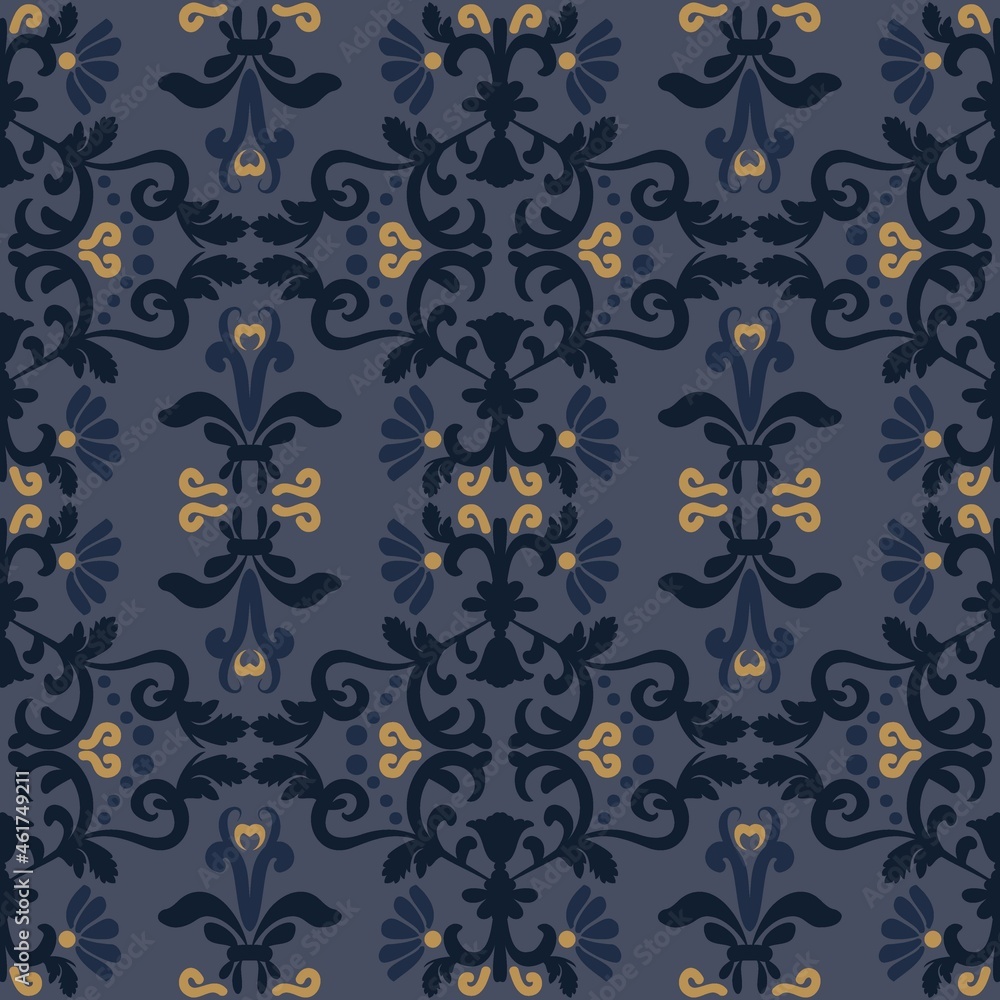 Poster oriental floral pattern with swirls. blue vector seamless pattern with elegant texture. for textiles