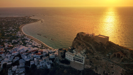 Aerial drone photo of breathtaking and picturesque main village of Skyros island featuring uphill...