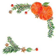 Christmas floral round frame with fir-tree and oranges