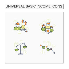 Universal basic income color icons set. Inequality, runaway inflation, social security, new investors. Global economy concept. Isolated vector illustrations