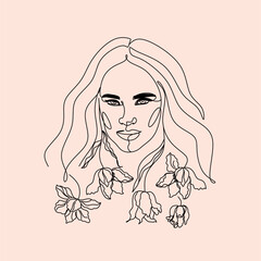 Woman with long hair and flower in her head. Line drawing woman. Hairdresser hairstylist logo