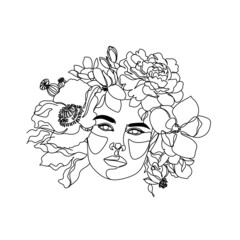 Woman face with butterfly. Line art female hands with flowers. Abstract face with floral  line drawing. Portrait minimalistic style. Female logo. Botanical poster print. Nature symbol of cosmetics. 
