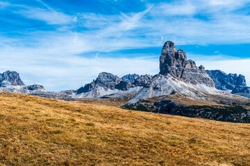 Autumn panorama on Monte Piana. View from the trenches to the three peaks of Lavaredo. Dolomites.