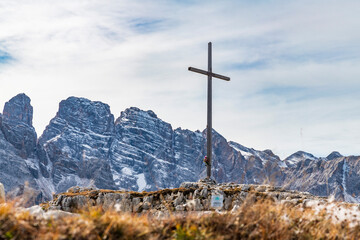 Autumn panorama on Monte Piana. View from the trenches to the three peaks of Lavaredo. Dolomites.