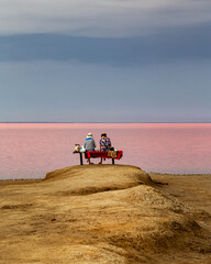 Pink salt lake Sivash. A place in Ukraine for treatment and walks.