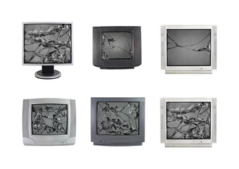  Old TV with broken kinescope, television, picture tube, electronic scrap.  Set of  photos.