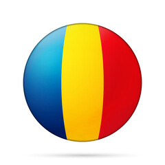 Glass light ball with flag of Romania. Round sphere, template icon. Romanian national symbol. Glossy realistic ball, 3D abstract vector illustration highlighted on a white background. Big bubble