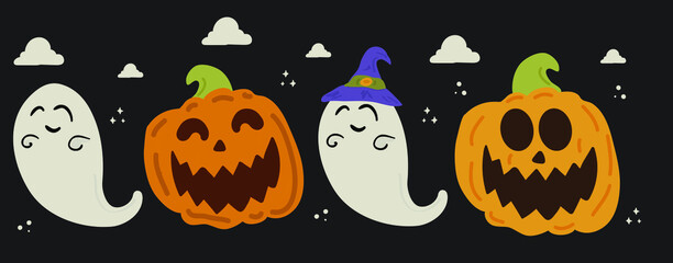 Happy Halloween banner or party invitation background with night clouds and pumpkins in paper cut style. Vector illustration. Full moon in the sky, spiders web and flying bats. Place for text
