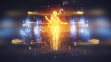 artificial intelligence in the form of a levitating human glows in a high-tech futuristic computer environment 3d illustration about neural networks and smart algorithms