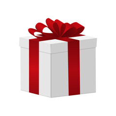 White square gift box with red bow isolated on white background. Vector illustration.