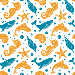 Cute seamless pattern with sea creatures. Hand drawn textured seahorse, fish, whale, starfish and shell. Vector shabby underwater world  illustration for baby shower or party design