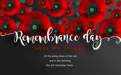 Remembrance day lest we forget. realistic red poppy flower international symbol of peace with paper cut art and craft style on color background.
