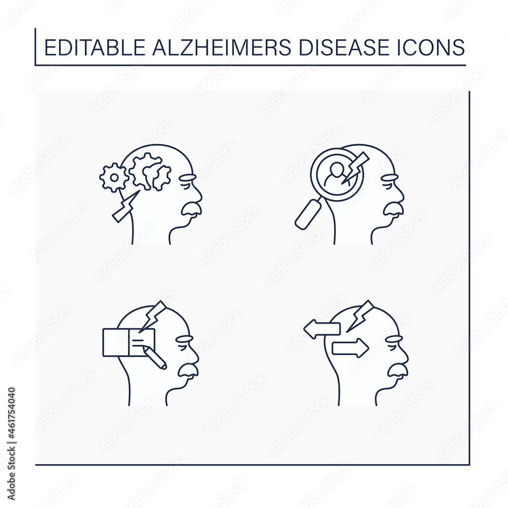 Poster alzheimer disease line icons set. cognitive deficits, writing, recognition problems, behavior change