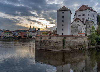 Dreiflusseck, Passau, Lower Bavaria, Germany, Also known as the Dreiflüssestadt ("City of Three Rivers") where the Danube is joined by the Inn and the Ilz