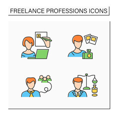 Freelance professions color icons set. Legal services, public relations office, blogger, photographer.Distance jobs. Online work. Careers concept, Isolated vector illustration