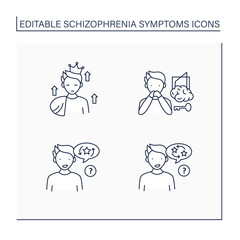 Schizophrenia symptoms line icons set. Clang, perseveration, control delusions, grandeur.Healthcare concept. Isolated vector illustrations.Editable stroke