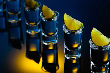 Tequila with lime slices on a black reflective background.