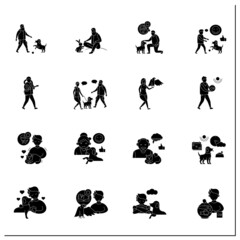 Pets benefits glyph icons set. Help relieve depression, anxiety, lower stress levels. Different pets.Animal caring concept.Filled flat signs. Isolated silhouette vector illustrations