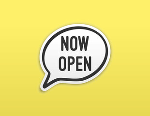 Now open. Hand drawn speech bubble. Vector icon illustration on yellow background.