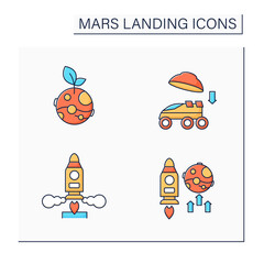 Mars landing color icons set. Uninhabited planet. Landing on surface, life on Mars, mission, launch rocket. Cosmos concept.Isolated vector illustrations