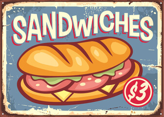 Sandwich advertisement for fast food restaurant or catering service. Sandwich with loaf, salami, cheese and lettuce vector illustration. Food sign vintage template.