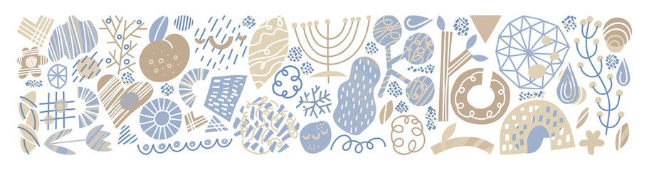 Minimalist abstract nature art shapes, hand drawn doodle collection. Pastel beige and light blue color bundle for fashion or interior design, textile, poster, winter season concept, scandinavian style