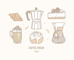 Croissant, geyser coffee maker, raspberry cheesecake, coffee and cream, cinnamon bun with icing, chemex. Coffee break lettering. Set of icons in hand-drawn style. Outline drawing, vector illustration