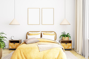 Frame mockup bedroom in boho style yellow