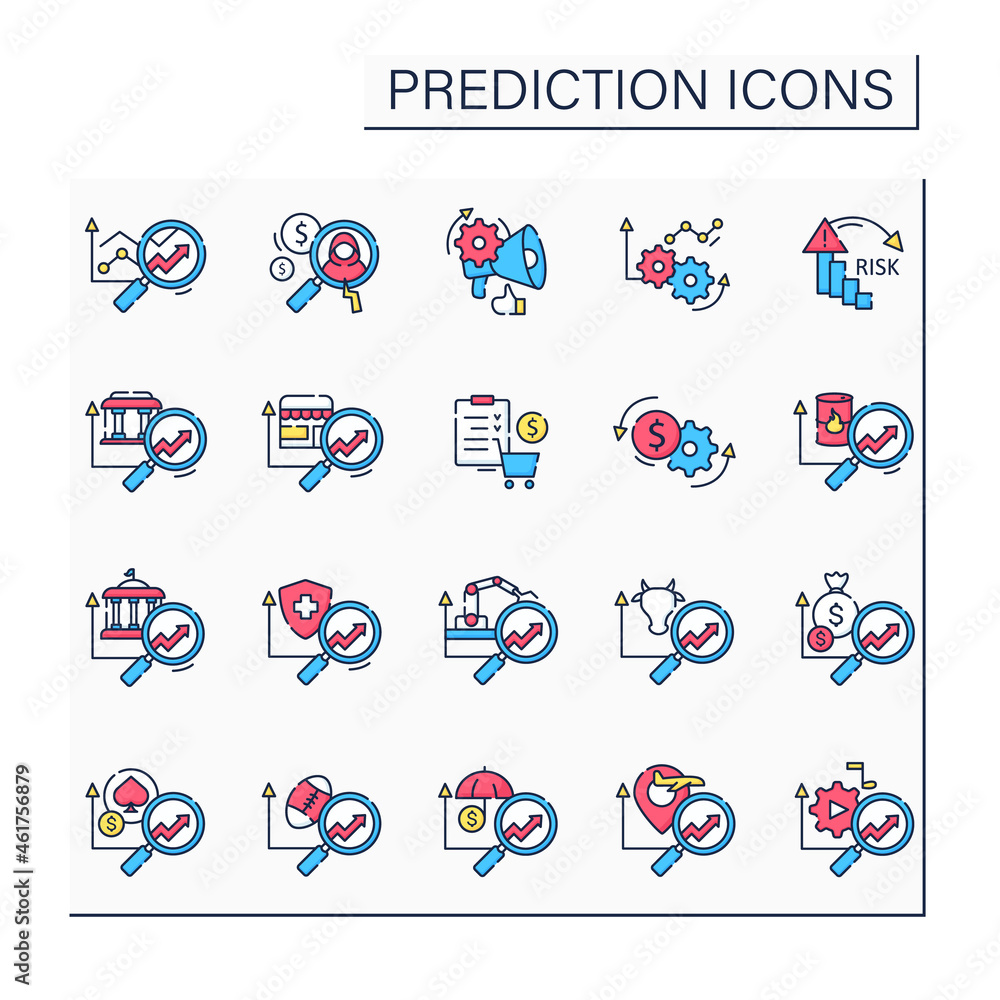 Poster predictive analytics color icons set. collating historical, real-time data about customers. influenc