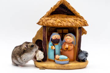 Small brown mouse playing with the portal of Bethlehem. Christmas items. Christmas decoration.
