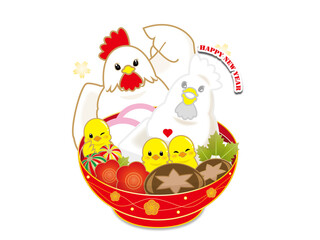 お雑煮と鶏とヒヨコのイラスト素材