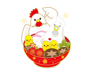 お雑煮と鶏とヒヨコのイラスト素材 © kiko