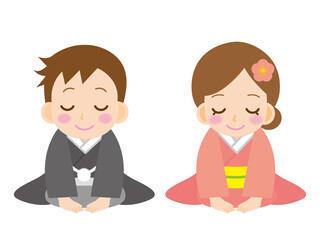 お辞儀をする着物姿の男女＿ベクター