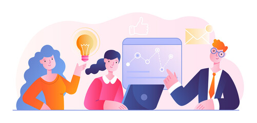 Business team discussing ideas. Employees sit at table and come up with new strategy for startup. Men and women communicate at work. Cartoon flat vector illustration isolated on white background