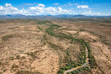 Aerial view of a desert wash looking northeast towards Cave Creek