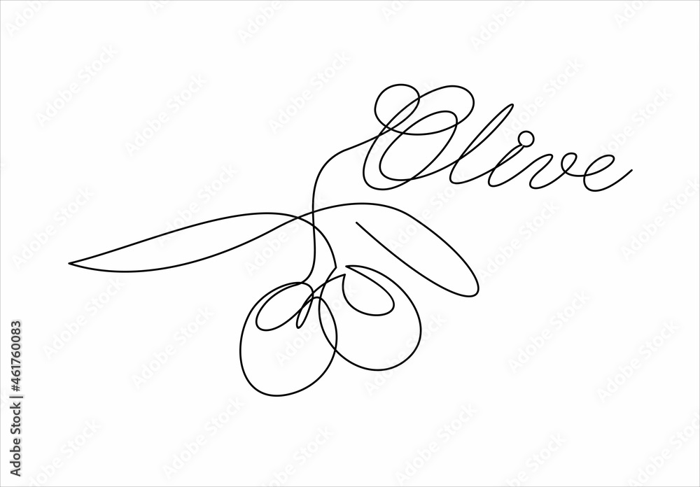 Poster olives in continuous line art drawing style. minimalist black linear sketch on white background. vec