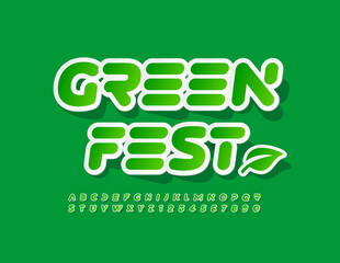 Naklejka premium Vector Bright Logo Green Fest with Decorative Leaf. Sticker style Font. Artistic Alphabet Letters and Numbers set