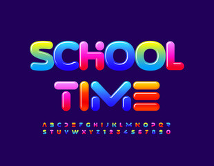 Vector bright banner School Time. Glossy gradient Font. Futuristic style Alphaebt letters and Numbers set