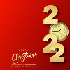2022 Happy New Year or Christmas card with golden watch. Vector