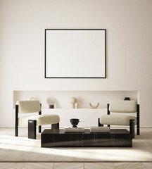 mock up poster frame in modern interior background, living room, Scandinavian style, 3D render, 3D illustration