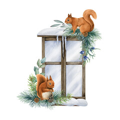 Winter snowy window and squirrels. Watercolor illustration. Hand drawn festive floral arrangement. Vintage cozy window decor. Cold season decoration with squirrel, eucalyptus, pine, snow