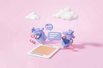 Minimal Photo frame and gift box with online Digital marketing concept. comment on platform Social media digitally clouds cartoon style. isometric. 3D render illustration