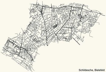 Fototapeta na wymiar Detailed navigation urban street roads map on vintage beige background of the quarter Schildesche district of the German regional capital city of Bielefeld, Germany